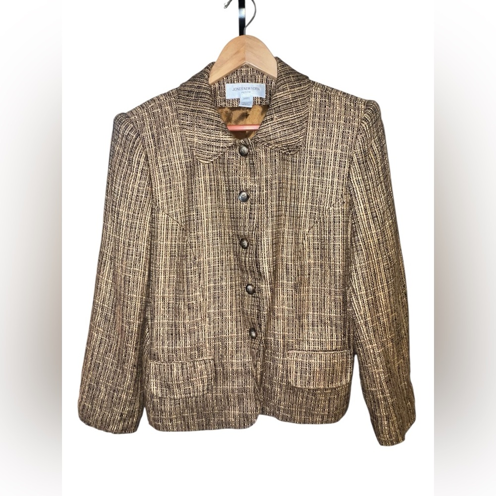 VTG Jones New York Petite Tan Brown Tweed Blazer 14P Career, Adademia USA